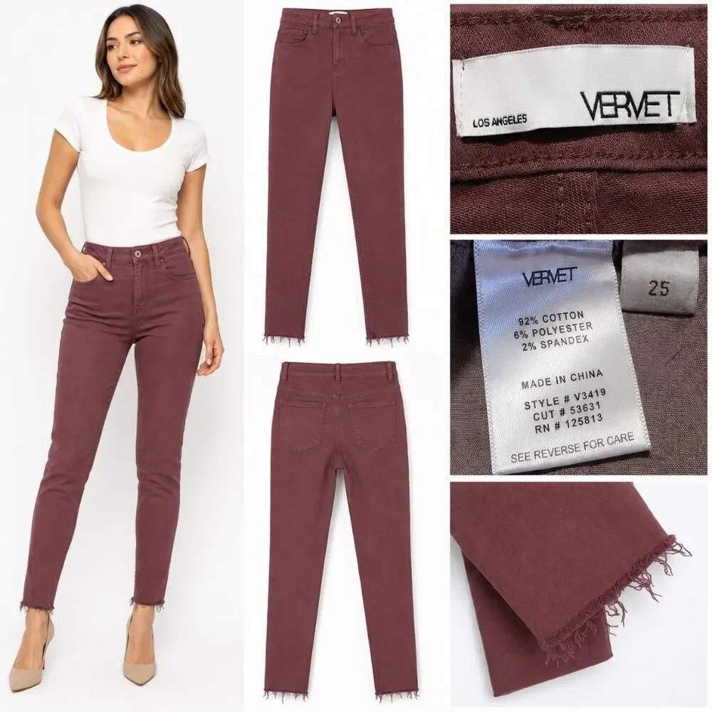 Vervet Burgundy High Rise Raw Hem Jeans Size 25 Stretch